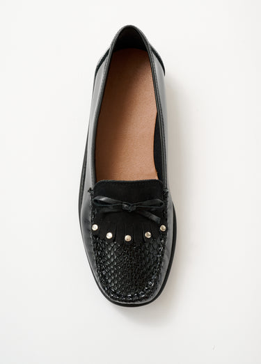 Mocassins compensés cuir patte frangée Vernis Noir