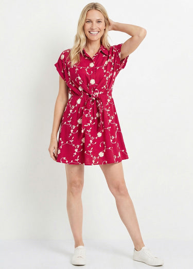Robe courte taille nouée, fleurs brodées Fuchsia