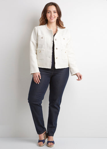Veste sans col boutonnée courte tissu natté uni Ecru