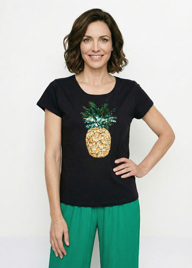 T-shirt coton ananas sequins Noir