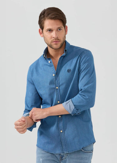 Chemise chambray casual manches longues Bleu Fonce