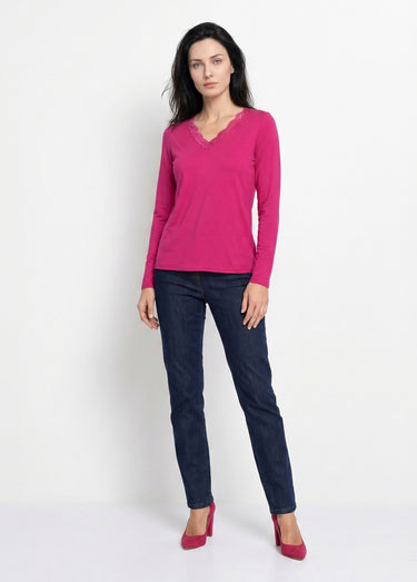 T-shirt court dentelle col V manches longues Fuchsia