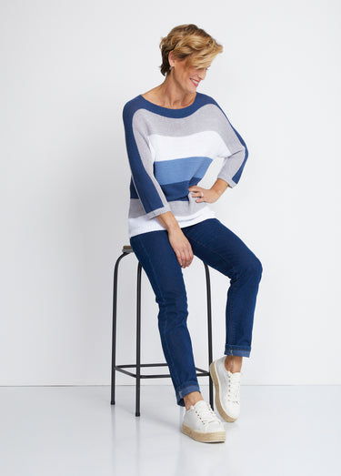 Pull rayé manches 3/4 point mousse Bleu / Gris