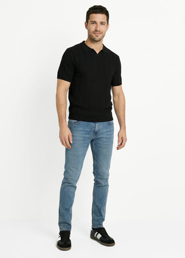 Pull fin en maille gaufrée avec col polo Noir