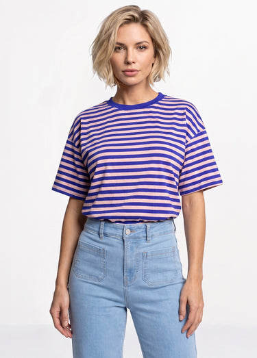 T-shirt col rond, rayures contrastées Bleu/Rose