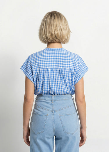 Chemisier à carreaux manches courtes kimono Blanc/Bleu