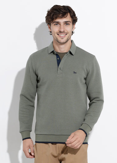 Pull maille fantaisie, col polo boutonné Kaki