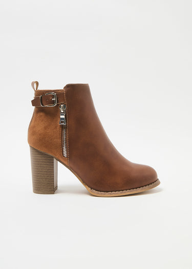 Boots talon haut bi matière boucle + zip Camel