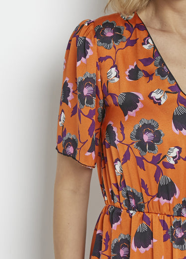 Robe satinée fleurie manches papillon Orange Imprime