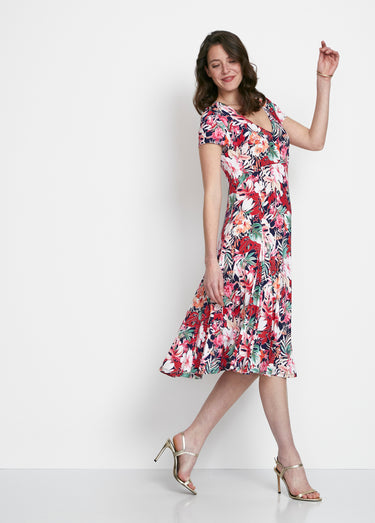 Robe mi-longue évasée col V Imp Fuchsia