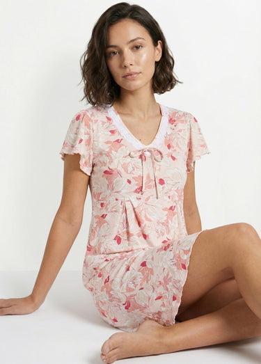 Chemise de nuit coton dentelle Imprime/Rose