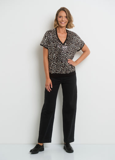 T-shirt en résille imprimée avec sequins Animalier