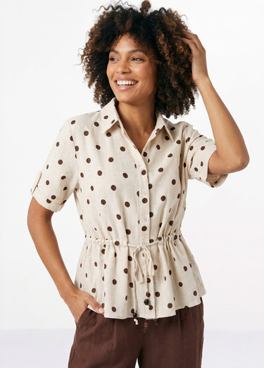 Blouse à pois ceinturée, avec lin Ecru/Marron