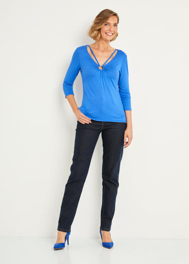 T-shirt court uni encolure en V Bleu