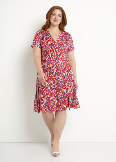 Robe courte col V graphique base évasée Rose/Violet