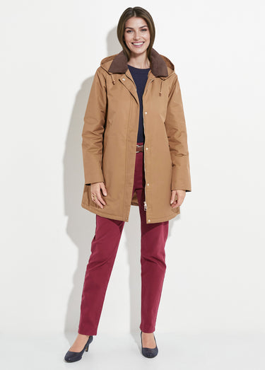 Parka déperlante longue avec col velours Camel/Chocolat