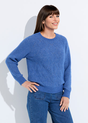 Pull doux maille ajourée fibres recyclées et laine Bleu