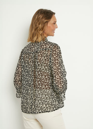 Tunique voile  imprimé manches 3/4 lavallière Noir/Ecru
