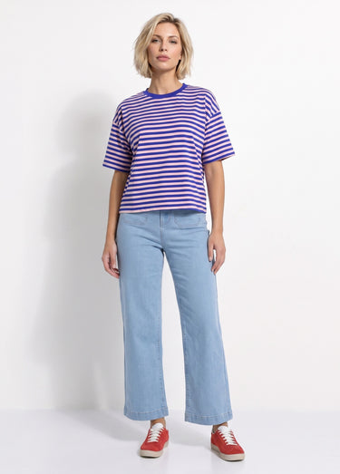 T-shirt col rond, rayures contrastées Bleu/Rose