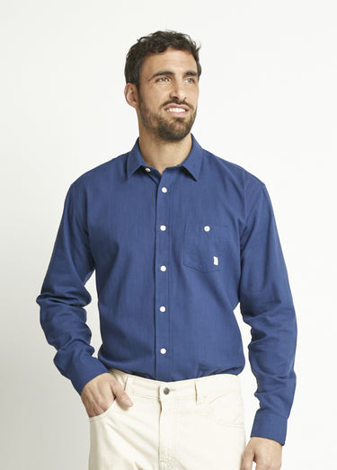 Chemise manches longues uni ou carreaux coton Bleu