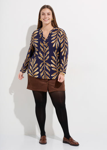 Tunique col V boutonné, motif feuilles Marine/Beige