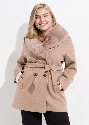 Manteau toucher laineux col fourrure Beige