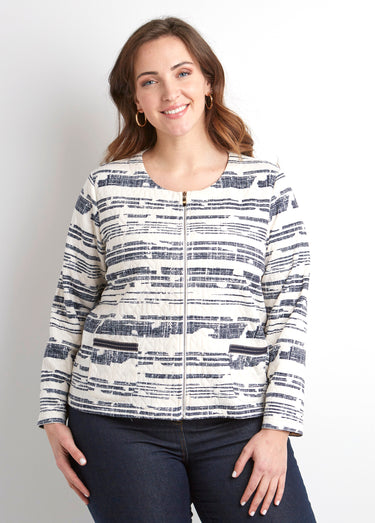 Veste courte sans col zippée irisée Ecru/Marine