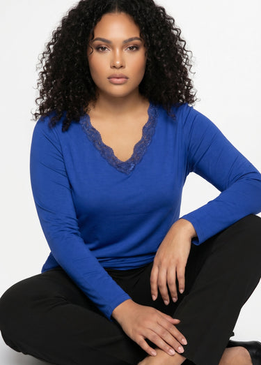 T-shirt court dentelle col V manches longues Bleu Dur
