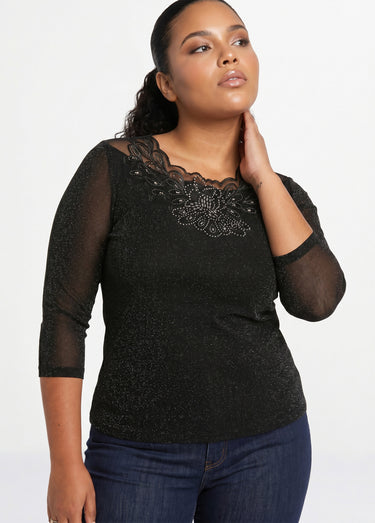 T-shirt manches 3/4 brodé brillant Noir