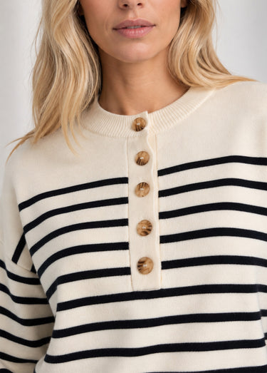 Pull à rayures avec col rond boutonné Blanc/Bleu