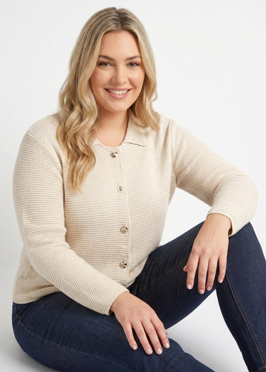Gilet boutonné uni avec col manches longues Beige