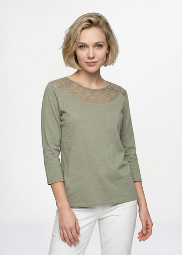 T-shirt coton et dentelle manches 3/4 Kaki
