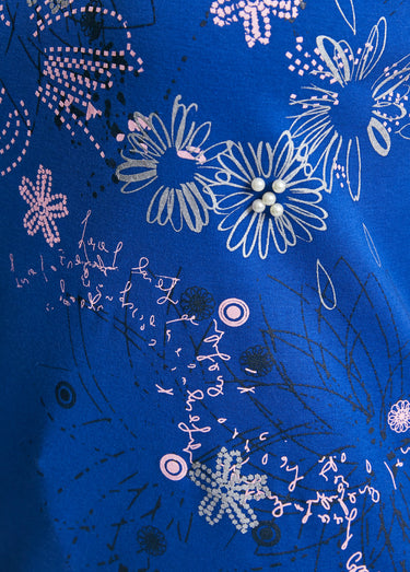 T-shirt long motif fleuri fentes côtés Bleu