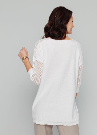 Pull en maille ajourée, manches 3/4 Blanc