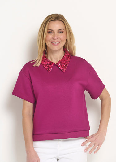 Blouse col pailleté sequins manches courtes Framboise