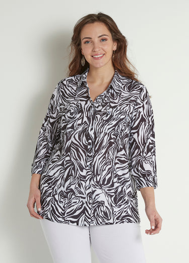 Chemisier long boutonné manches 3/4 peau de bête Noir / Blanc