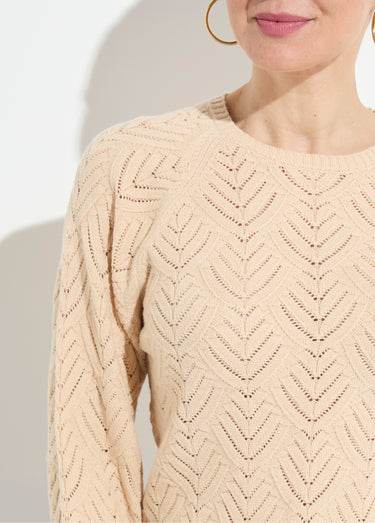 Pull doux court col rond uni ajouré Beige