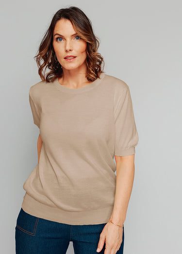 Pull laine mérinos chaud manches courtes Camel