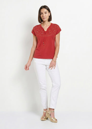 T-shirt court uni clouté maille flammée Paprika