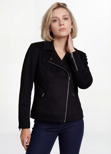 Blouson zippé court tissu suédé Noir