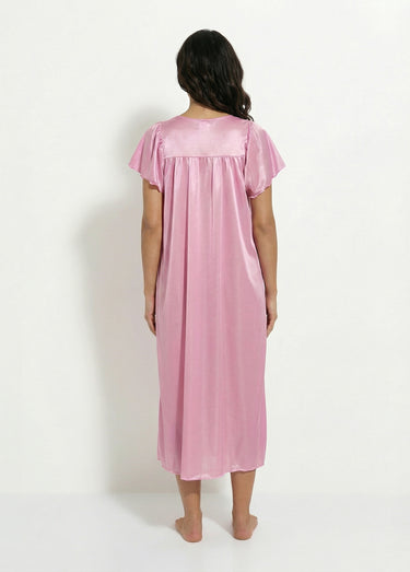 Chemise de nuit satinée longue antistatique dentelle Rose