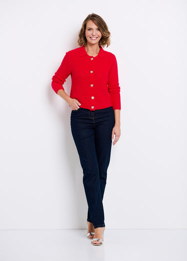Gilet boutonné uni avec col manches longues Rouge