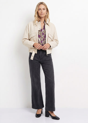 Blouson simili cuir, taille élastiquée Ecru