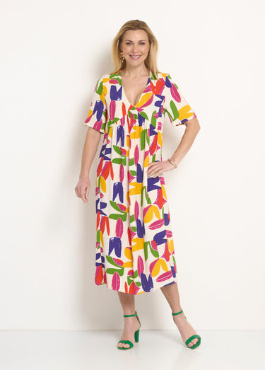 Robe longue col V motif abstrait Multico