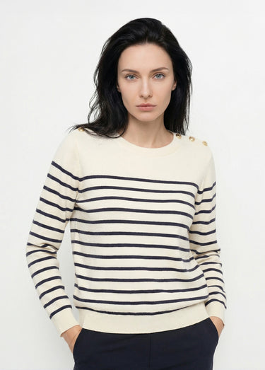 Pull marin épais rayé boutons épaules Ecru Raye Marine
