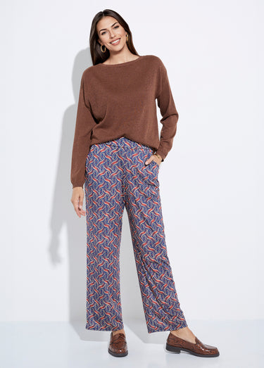Pantalon large fluide imprimé ethnique Marine/Brique