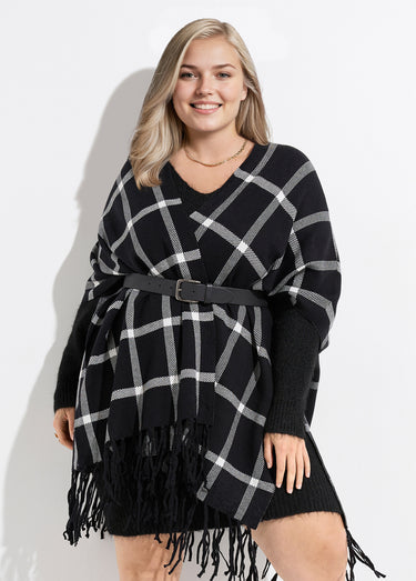 Poncho cape en maille, motif carreaux Carreaux Noir