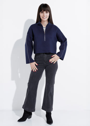 Pull court avec col montant zippé Marine
