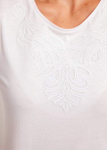 T-shirt court brodé manches 3/4 Blanc
