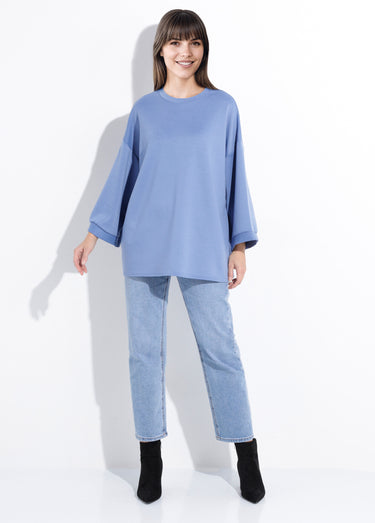 Sweat shirt large col rond, manches 3/4 Bleu Jean